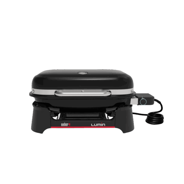 Weber Lumin grill elettrico, barbecue da tavolo nero con coperchio e controllo temperatura.