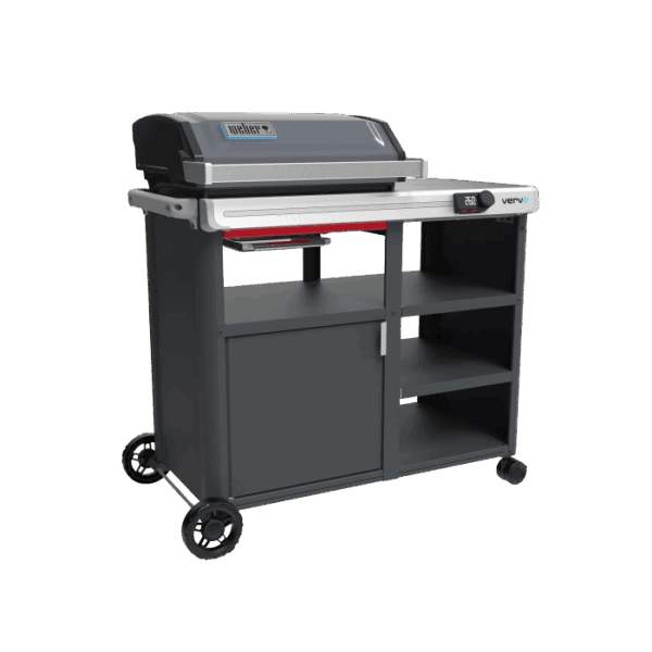 Weber Verve Smart barbecue elettrico grigio con mobile, ripiani e display digitale.