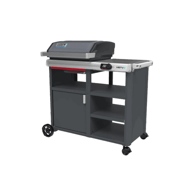 Grill elettrico Weber Verve Smart grigio con armadio e ripiani.