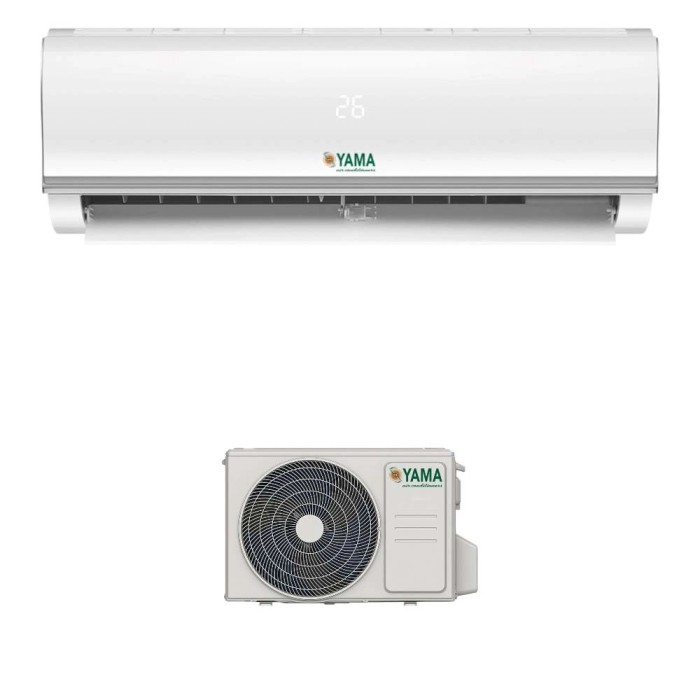 Climatizzatore t.b.t. bianco con unità interna ed esterna per un clima confortevole.
