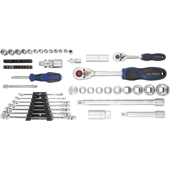 Valigetta attrezzi Comfort 71 pezzi LUX-TOOLS: chiavi, cricchetti, bussole, inserti, martello, pinze, cacciaviti.