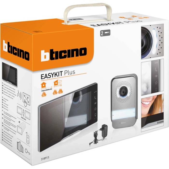 Set citofono t.b.t. in scatola con monitor, telecamera e alimentatore.