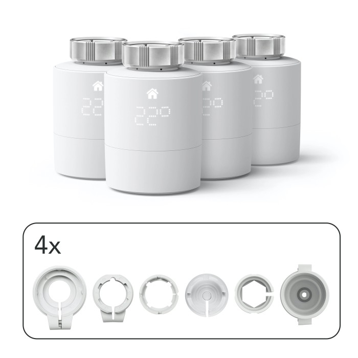 tado° Termostato Intelligente per Radiatore Quattro Pack: 4 termostati bianchi con adattatori per il controllo intelligente del riscaldamento.