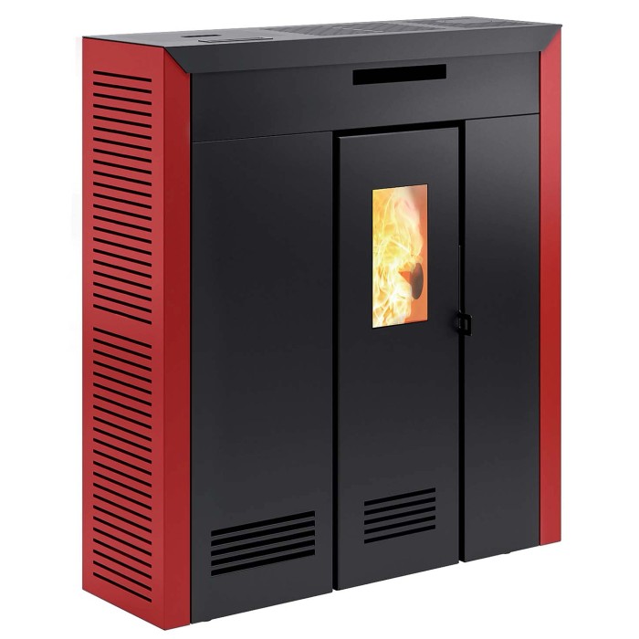 Stufa a pellet nera con bordo rosso e finestra di visualizzazione.