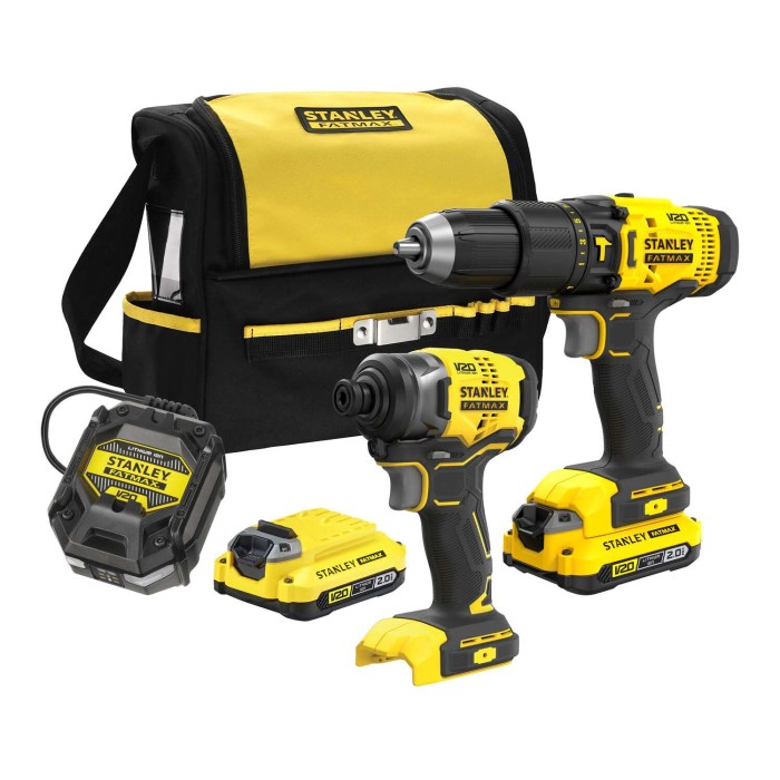 Set avvitatore a batteria Stanley FATMAX con borsa, batterie e caricabatterie.