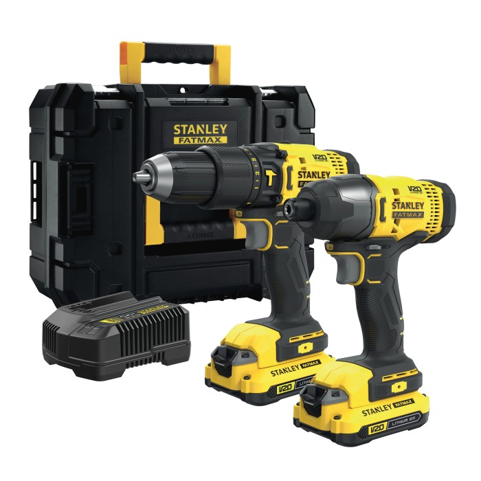Set avvitatore a impulsi e trapano avvitatore a batteria Stanley FATMAX con custodia e caricabatterie.