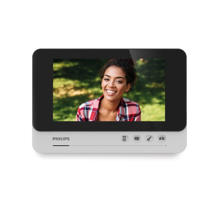 Citofono Philips con monitor e donna sullo schermo.