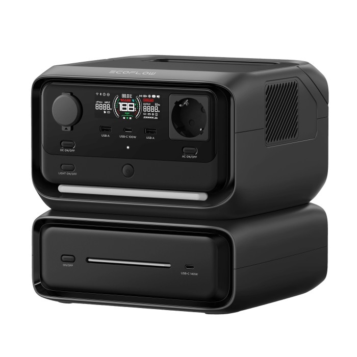 Power station Ecoflow River 3 Max nera con batteria di espansione (572 Wh) per impianti solari.