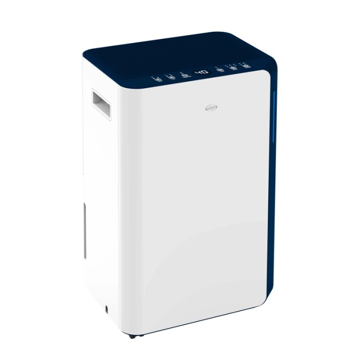 Deumidificatore bianco con bordo blu. Ideale per ridurre l'umidità.