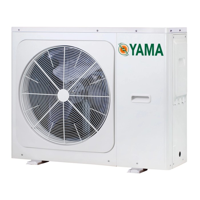 Condizionatore d'aria esterno t.b.t. bianco con grande ventilatore.