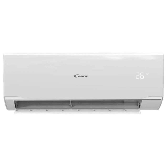 Condizionatore Candy bianco per montaggio a parete con display digitale della temperatura.