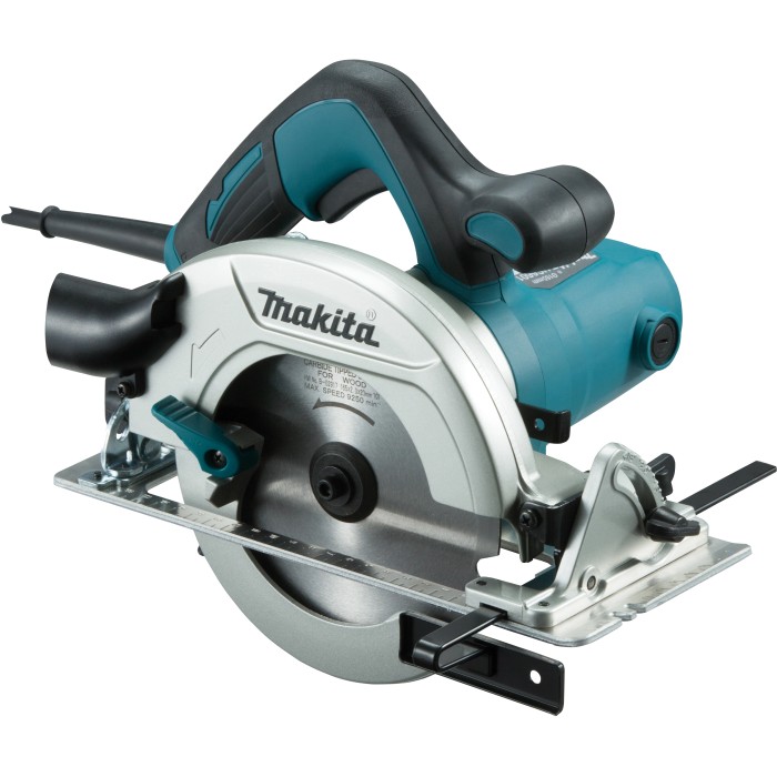 Sega circolare a mano Makita HS6601J in argento e turchese. Ideale per segare il legno.