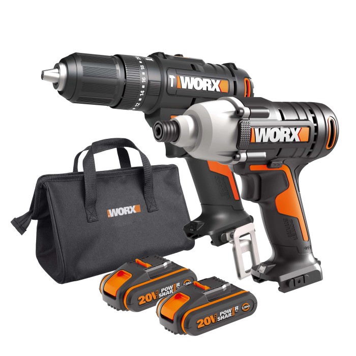 Set avvitatori a batteria t.b.t. con trapano, avvitatore a impulsi, batterie e borsa.