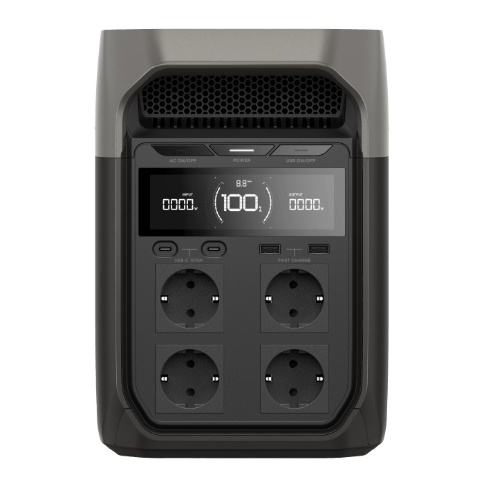 Ecoflow Powerstation Delta 3 (grigia, 1024 Wh) con display e prese.