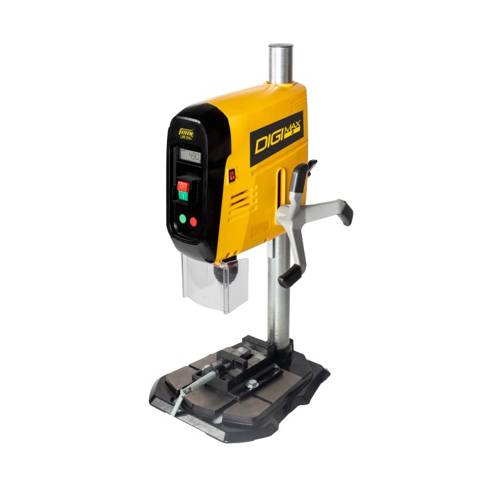 Trapano a colonna giallo per forature precise. Ideale per officina e fai da te.