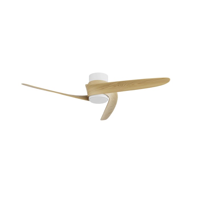 Ventilatore da soffitto moderno con tre pale in legno e corpo bianco.