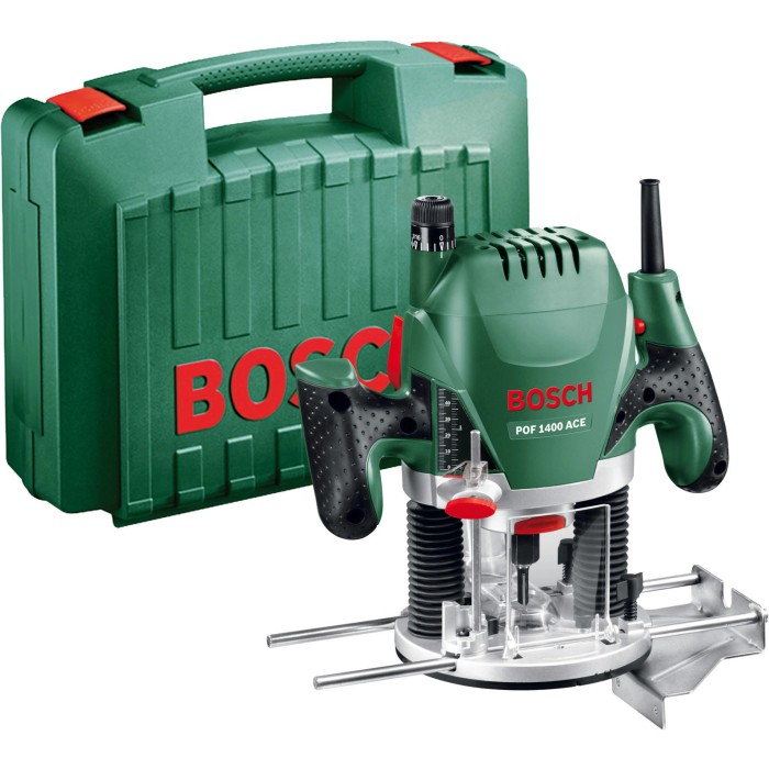 Fresatrice verticale Bosch 1400 ACE con accessori in valigetta verde. Fresatrice potente per legno.