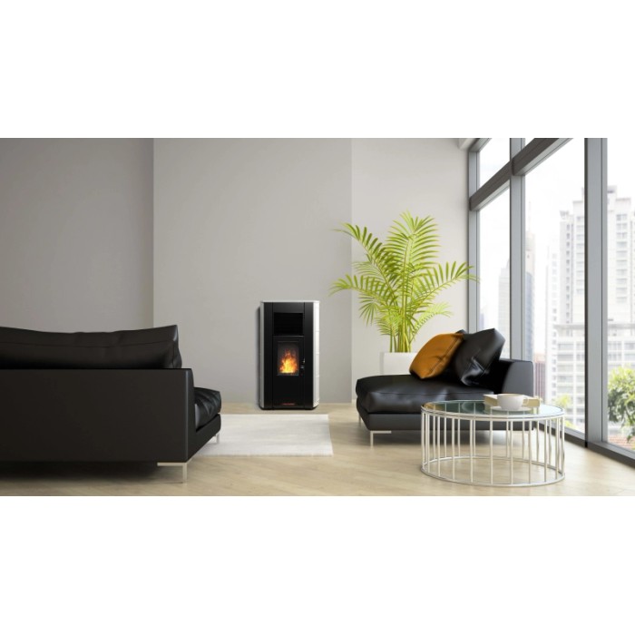 Stufa a pellet moderna in soggiorno. Design nero con fuoco visibile per un calore accogliente.
