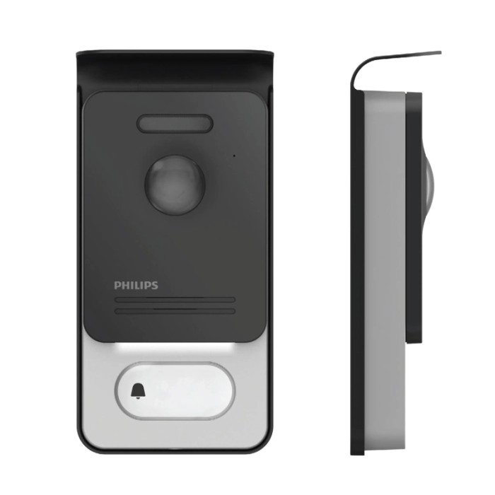 Citofono Philips, design moderno in nero e argento, con pulsante campanello e telecamera.