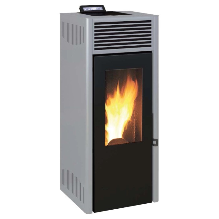 Stufa a pellet t.b.t. con porta nera e fuoco visibile.