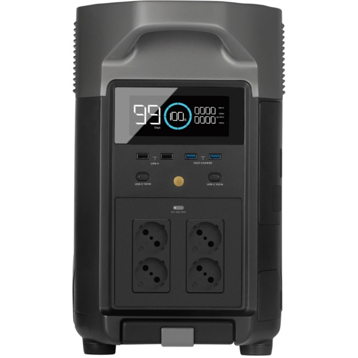 Ecoflow Delta Pro Powerstation con 3600 Wh, porte e display. Alimentazione mobile per campeggio e backup.