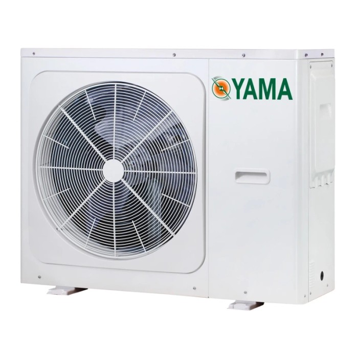 Condizionatore d'aria esterno t.b.t. bianco con grande ventilatore.