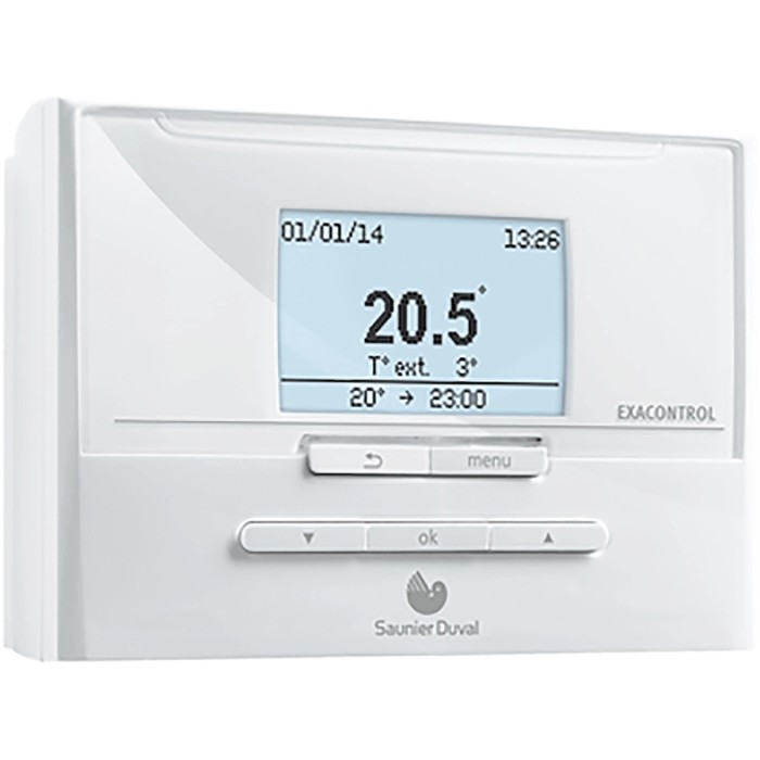 Termostato ambiente t.b.t. bianco con display digitale per impostazioni riscaldamento.