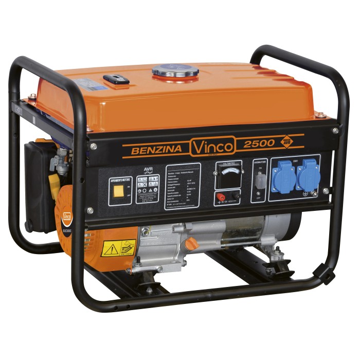 Generatore di corrente arancione con telaio nero. Generatore mobile per cantieri e giardini.