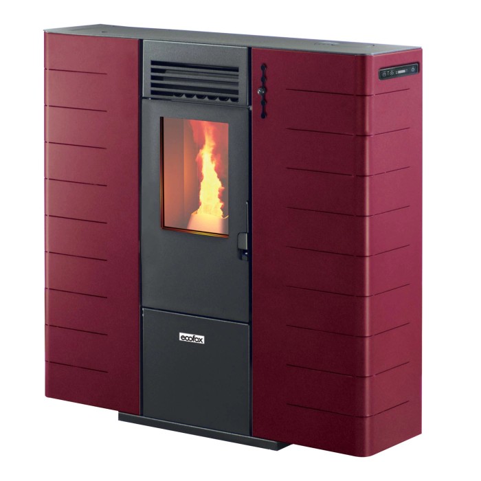 Stufa a pellet t.b.t. rossa e nera con fiamma visibile.