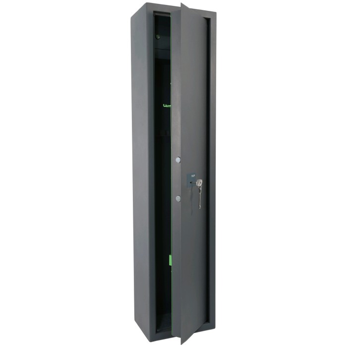 Armadio blindato grigio per armi con porta aperta e chiave. Categoria: Casseforti.
