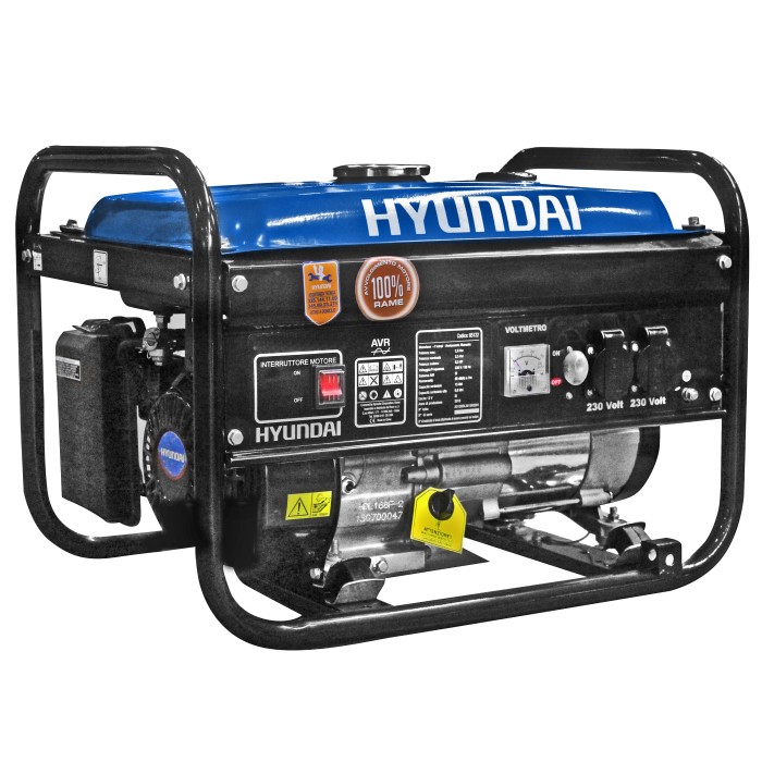 Generatore di corrente Hyundai blu e nero con telaio e comandi.