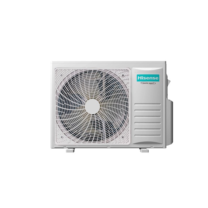 Unità esterna del condizionatore Hisense, rivestimento bianco con griglia della ventola.