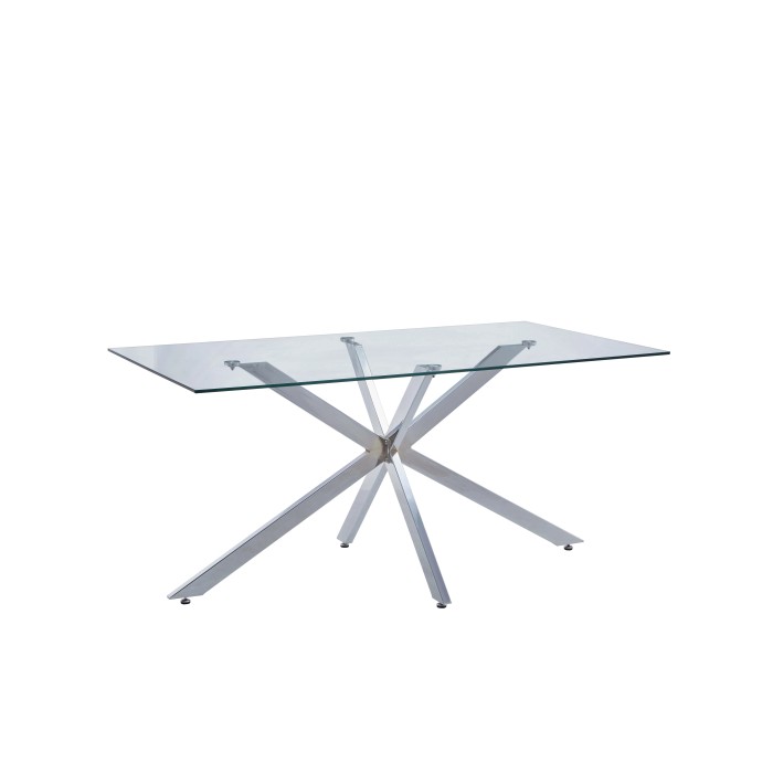 Tavolo da pranzo moderno con piano in vetro e struttura in metallo argentato.