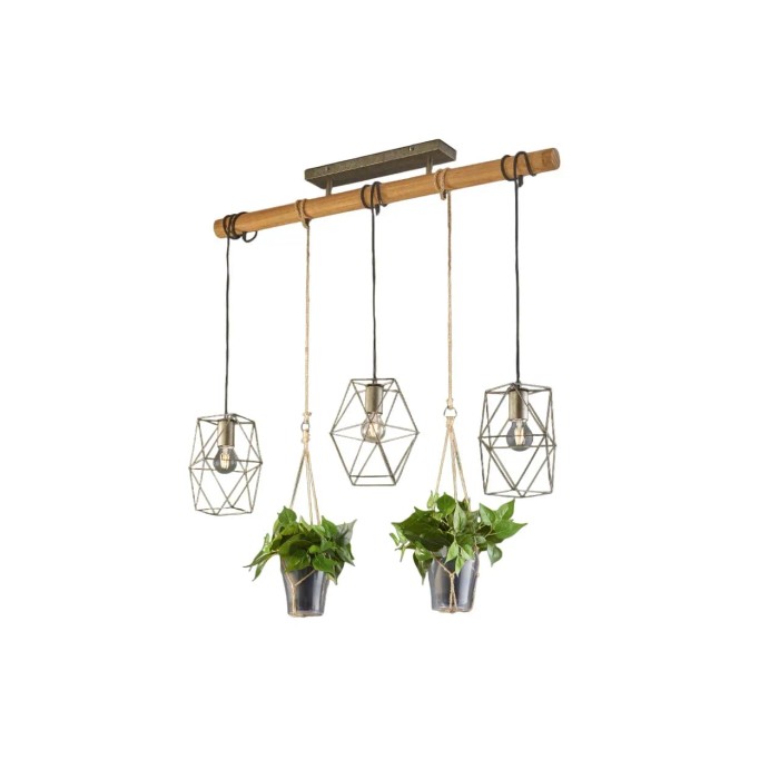 Lampada a sospensione moderna con portapiante e paralumi geometrici.