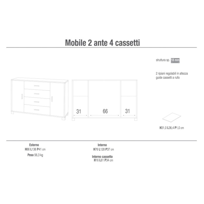 Schizzo di una cassettiera t.b.t. con cassetti e ante, misure e dettagli.