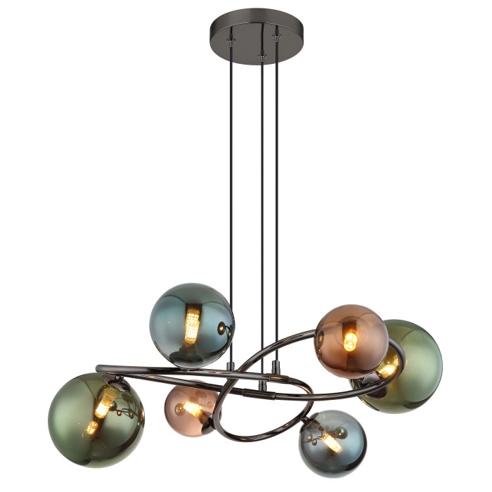Lampada a sospensione moderna con sei sfere di vetro colorate e struttura nera.