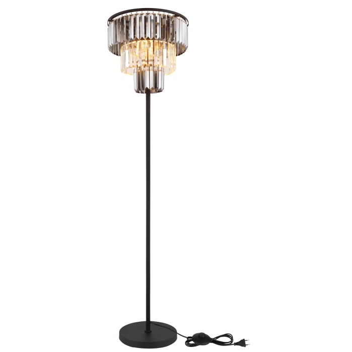 Elegante lampada da terra t.b.t. con paralume a tre livelli in vetro trasparente.