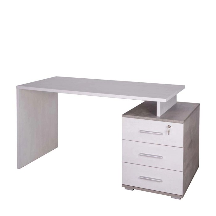 Scrivania moderna con tre cassetti in bianco e grigio. Ideale per ufficio o studio.