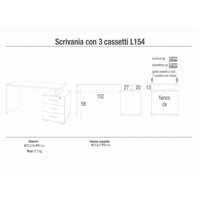 Schizzo di una scrivania con tre cassetti e dimensioni. Ideale per ufficio o studio.