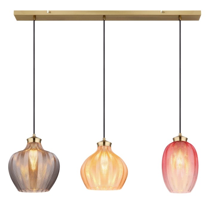 Lampada a sospensione t.b.t. con tre paralumi in vetro colorato.