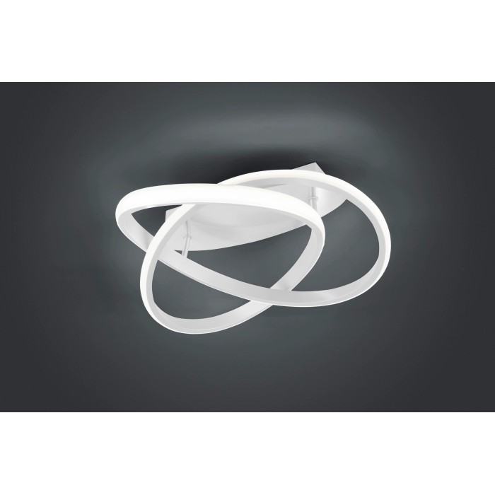 Plafoniera LED moderna con anelli bianchi intrecciati.