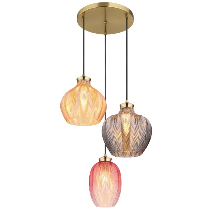 Lampada a sospensione a tre luci con paralumi in vetro colorato a forma di vaso.