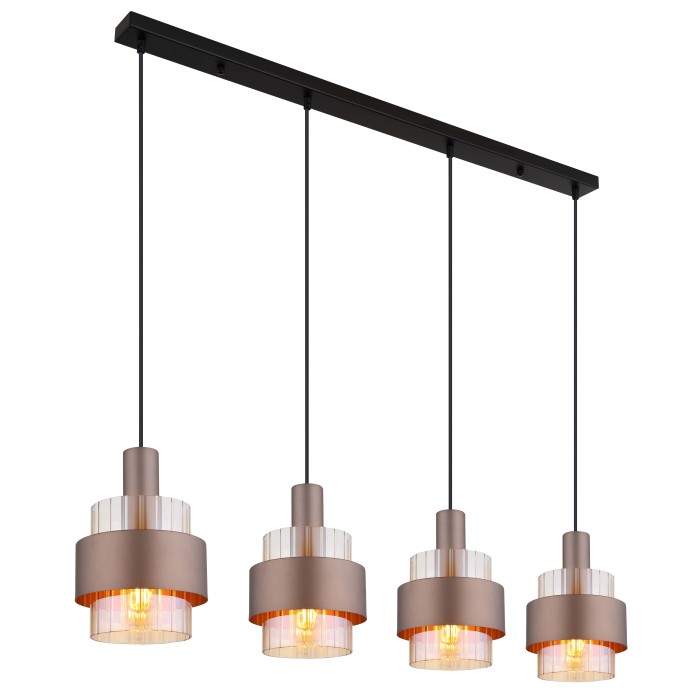 Moderna lampada a sospensione t.b.t. con quattro lampade e accenti color bronzo.