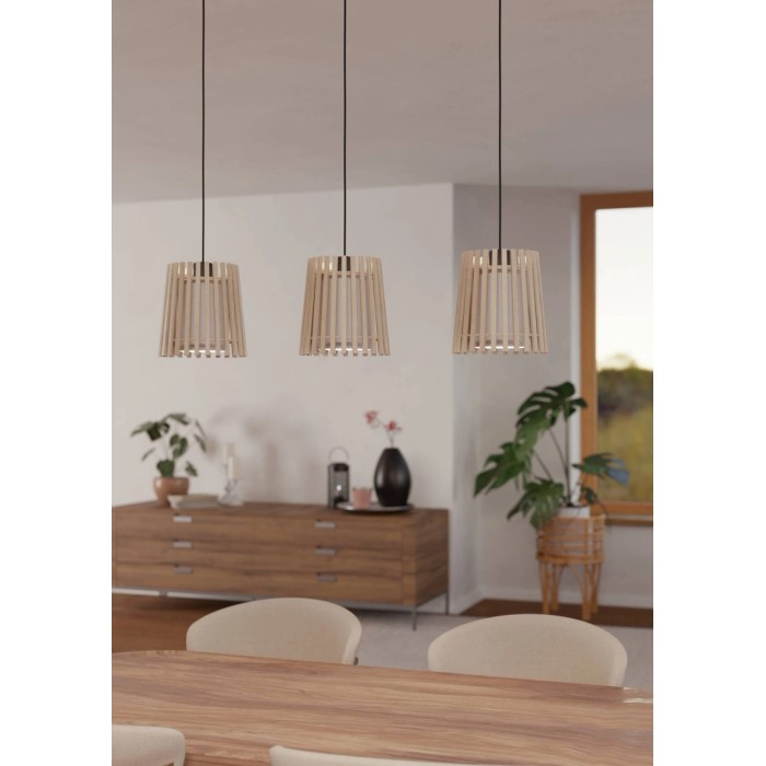 Lampada a sospensione Eglo Fattoria, 3 luci, legno e tessuto, bianco-marrone, per zona giorno.