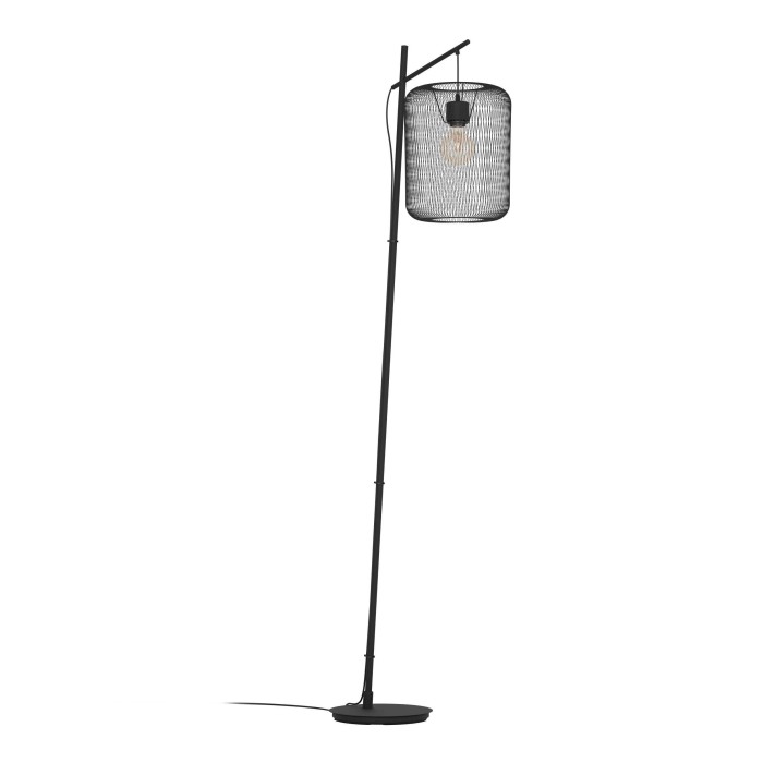 Lampada da terra di design t.b.t. nera con paralume in rete metallica.