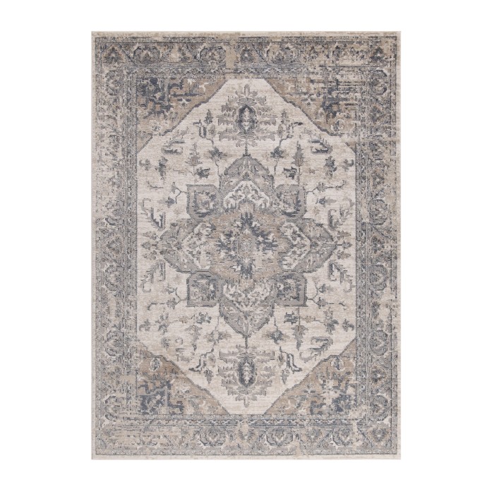 Tappeto vintage con motivo floreale in beige e grigio.