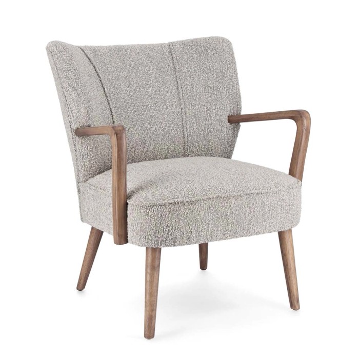 Poltrona t.b.t. con braccioli, rivestimento in tessuto grigio screziato e struttura in legno.