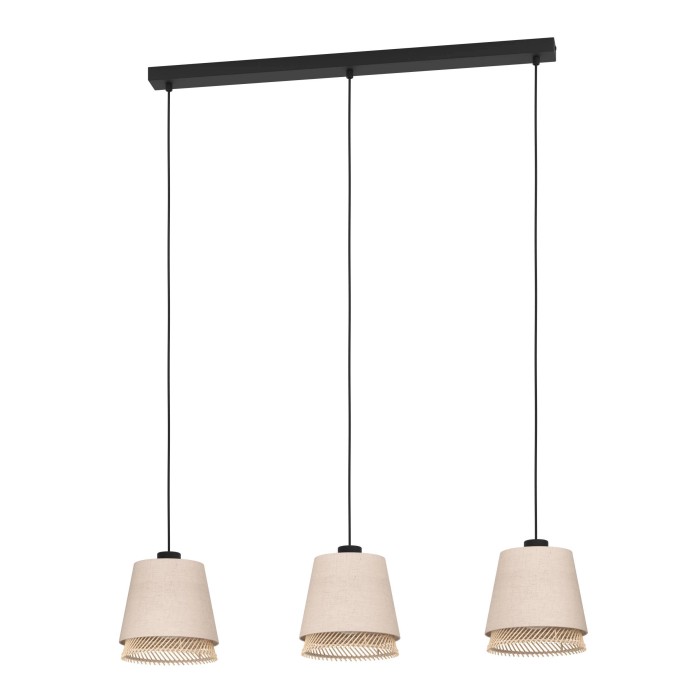 Lampada a sospensione Eglo Tabley, 3 luci, nera con paralumi in lino e bambù color naturale.