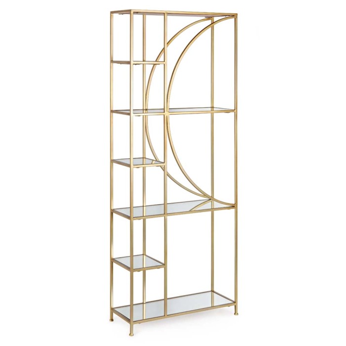 Libreria t.b.t. color oro con ripiani in vetro.