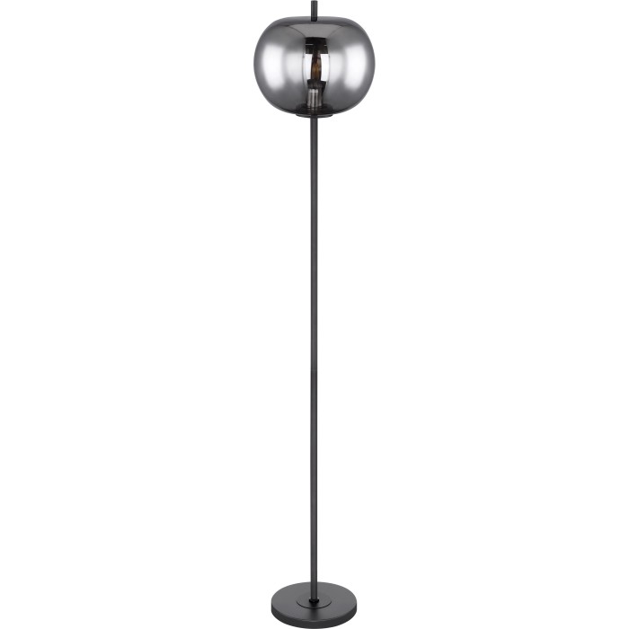 Lampada da terra nera Globo Blacky con paralume in vetro fumé.